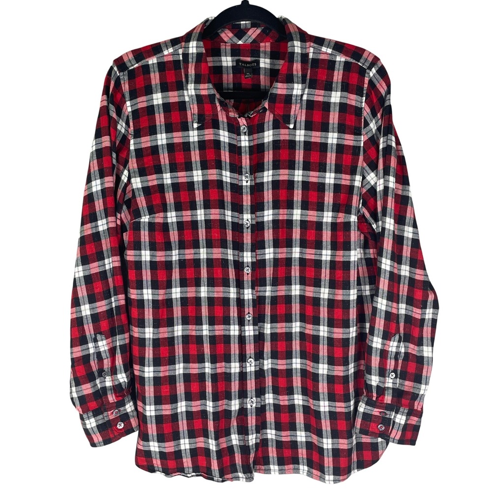 Talbots Button Front Shirt Womens XL Red Plaid Excellent Metallic Shimmer Cotton